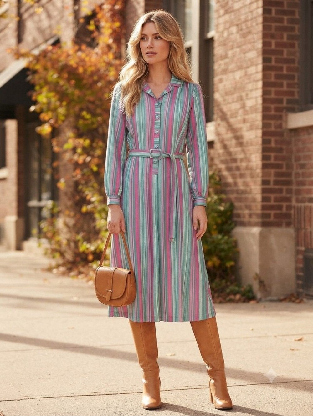 Vintage D'Allaird's Teal Pink Striped Shirtdress Belt Sz 14 Soft Poly Wool Blend